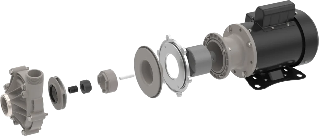 exploded view of Magnevo magnetic-drive centrifugal pump with dry-run protection
